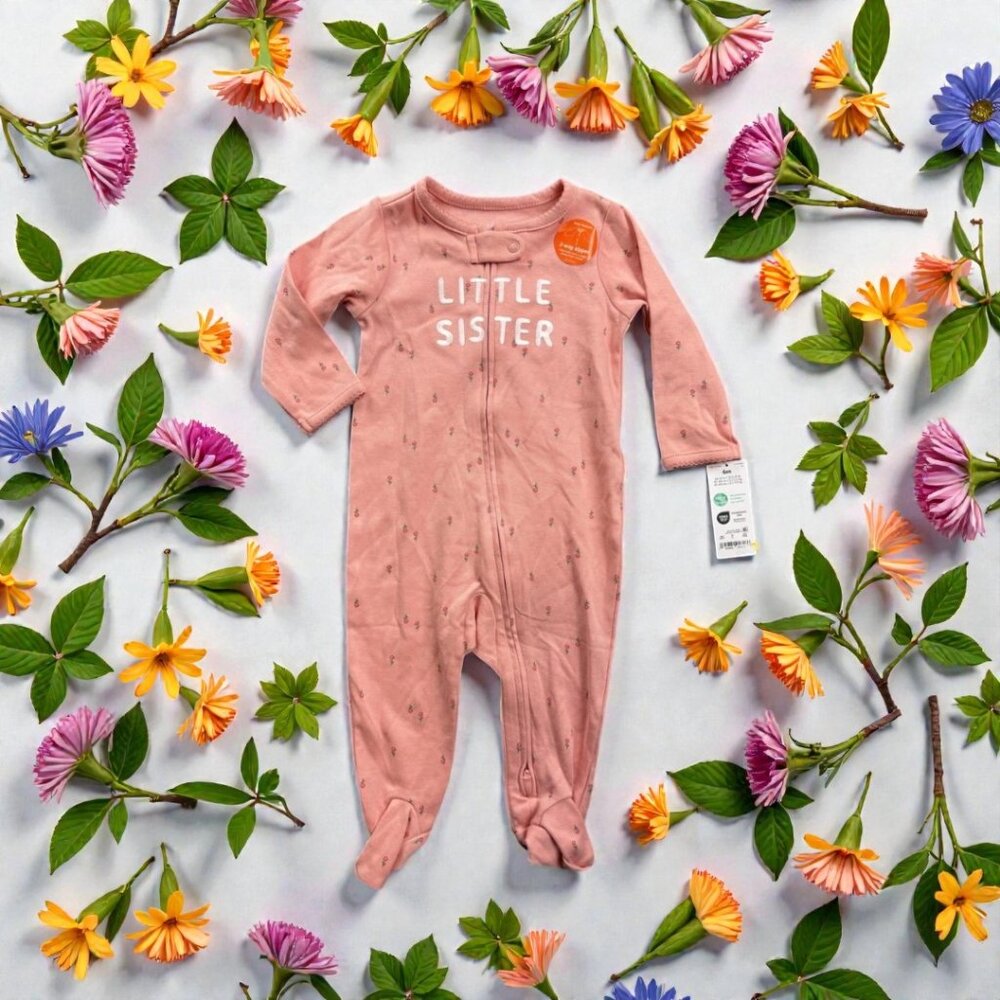 Carter's Baby Girl's "Little Sister" Footed Pajamas "Just one for You" Pink 9 mo